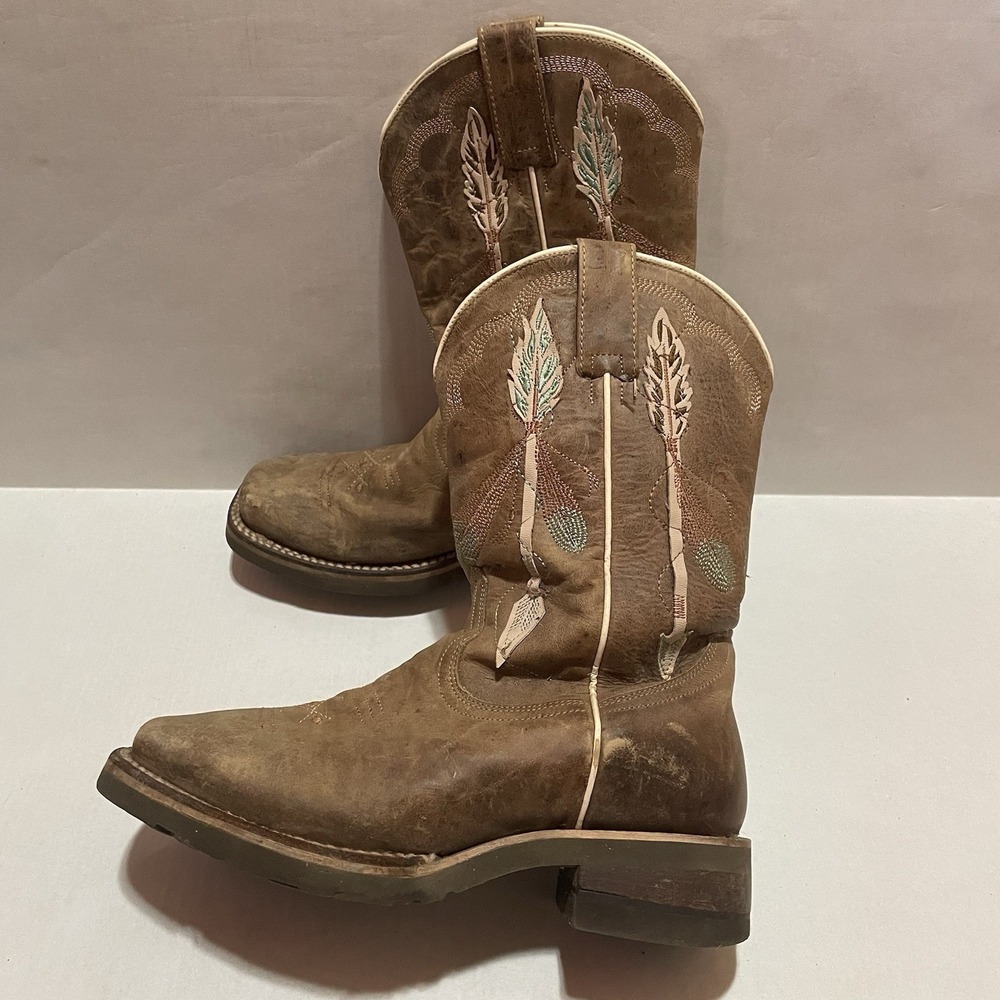 Roper Kids Youth Arrow Feather‎ Tan Snip Toe Boot Size 9 Leather Western Cowgirl